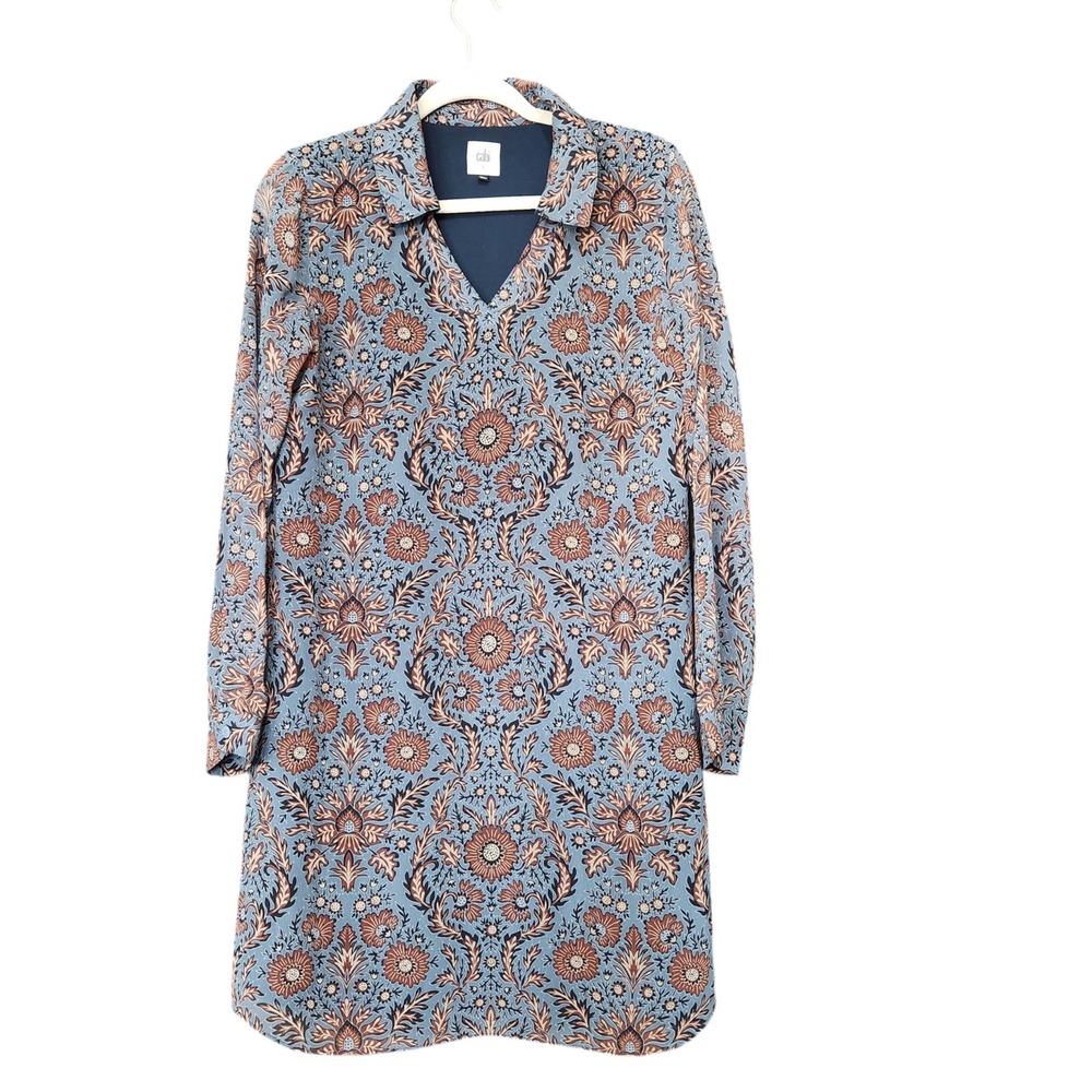 Cabi 3295 Blue Rust Floral Damask V-Neck Long Sleeve Flowy Dress Womens Small